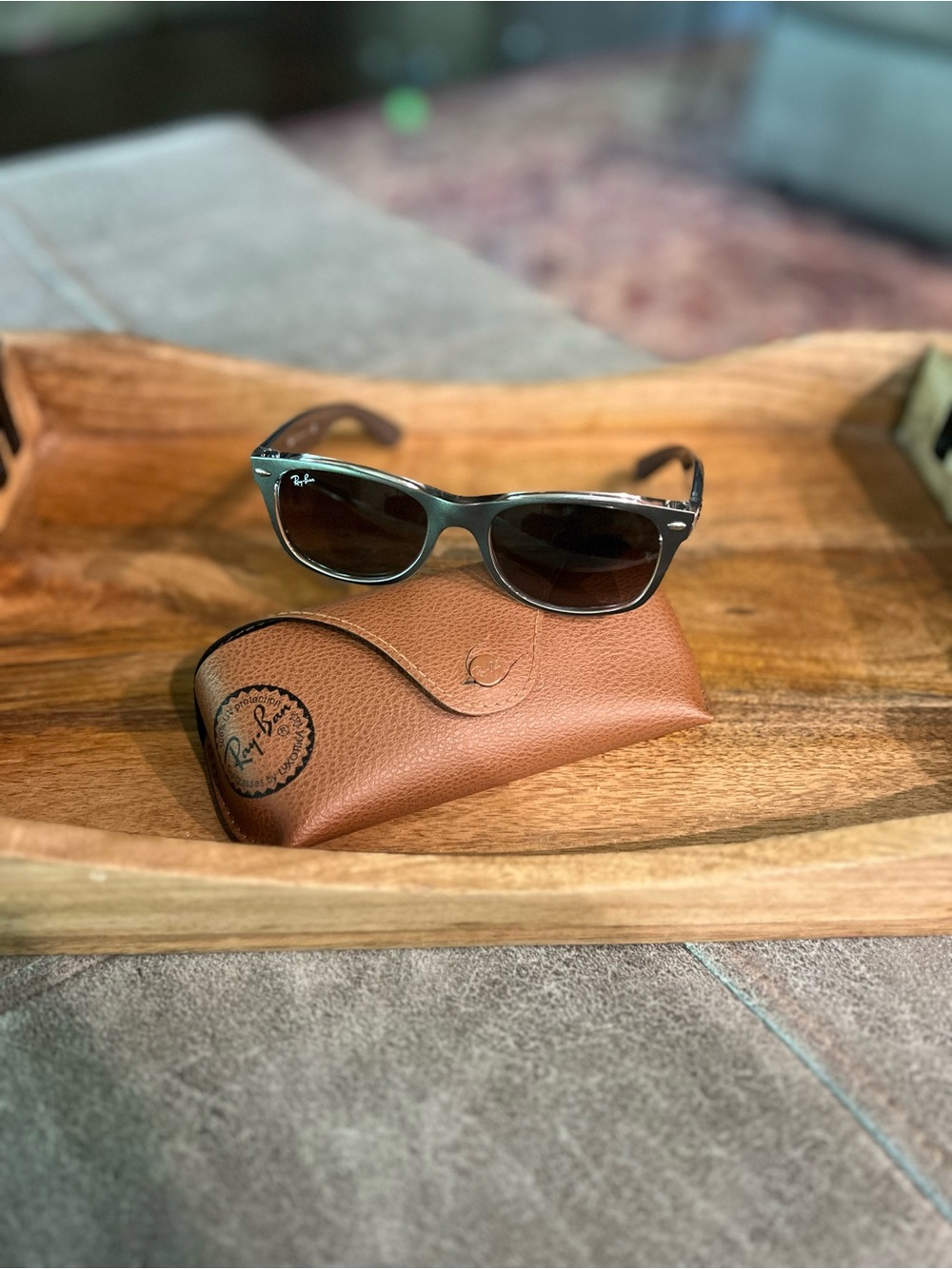 EUC Ray-Ban New Wayfarer in Matte Gunmetal color-way.